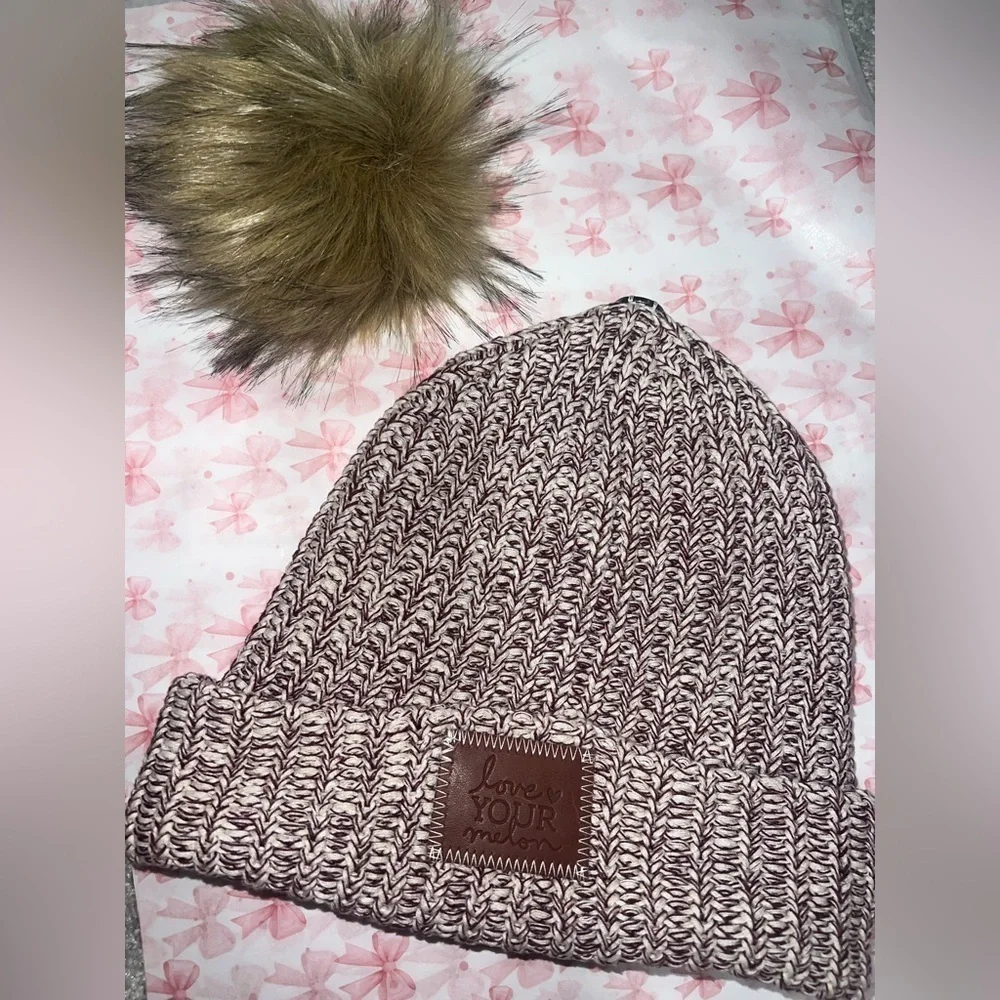 Love Your Melon Women’s Knit Pom Hat - Brown, White, and Burgundy